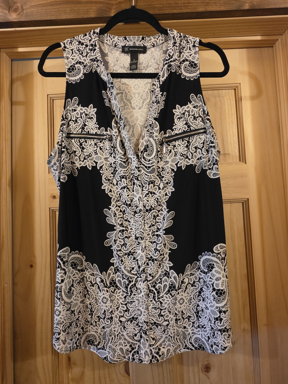 INC International Concepts Black Sleeveless V-Neck Top with White Lace-Print